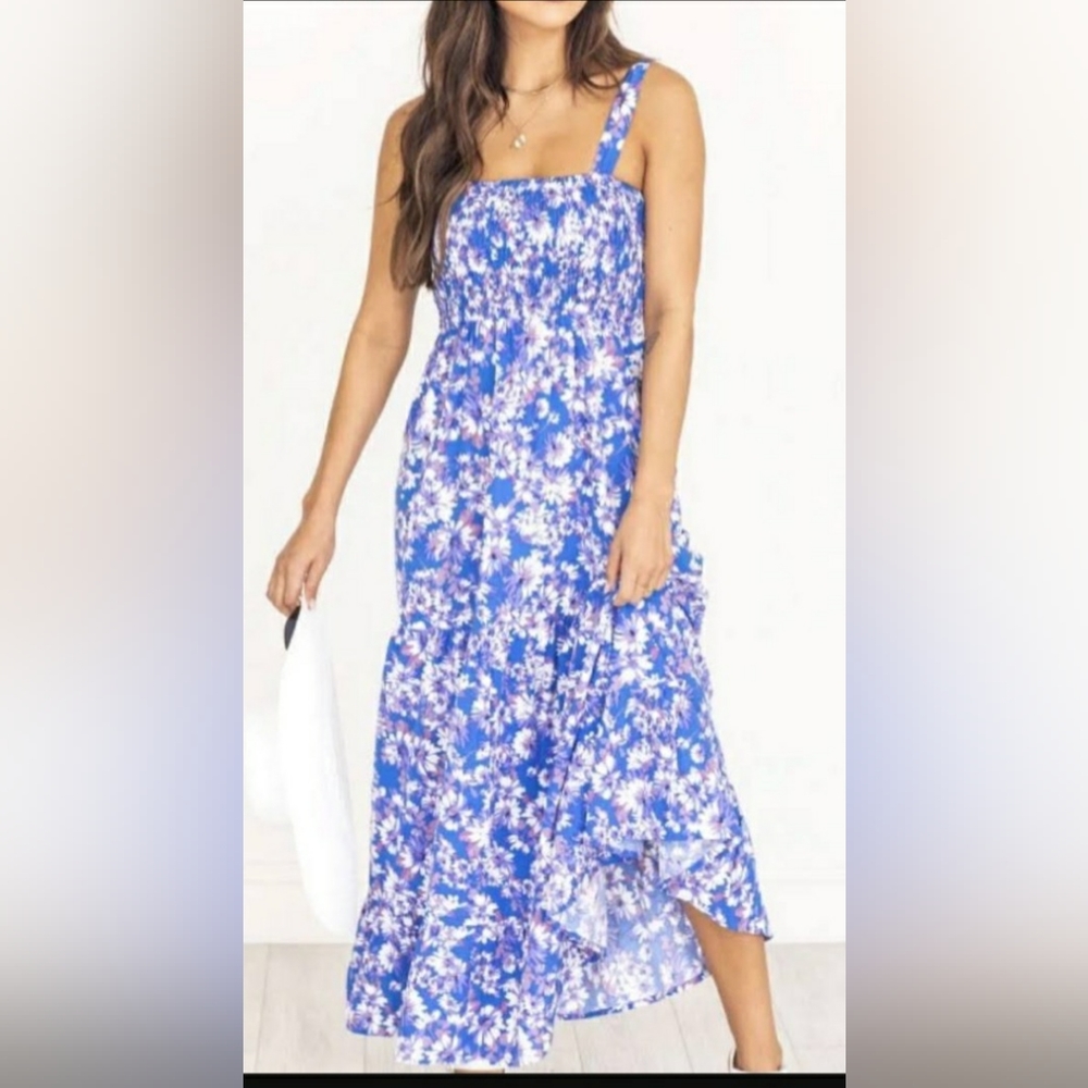 Pink Lilly Endless Hope Blue Floral Smocked Bust Maxi Dress Size S